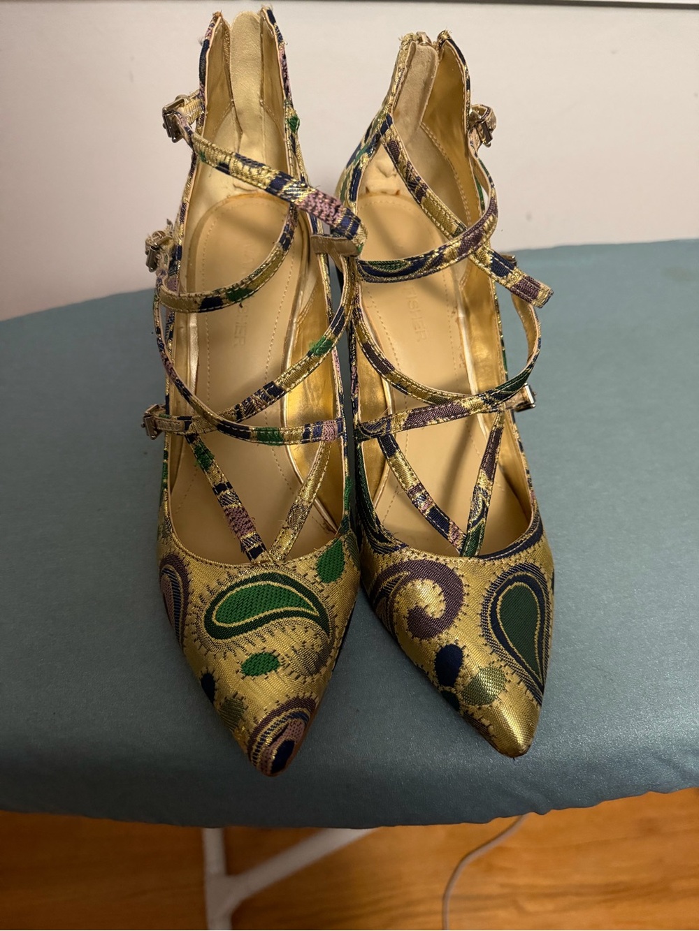 Marc Fisher Gold Paisley Strappy Pointed-Toe Heels